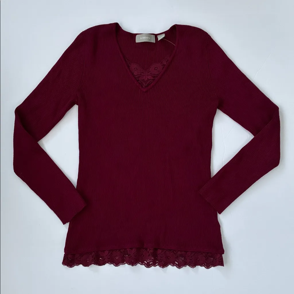 Liz Claiborne Women’s Burgundy Red Knit Top Lace Accents Medium - Image 2
