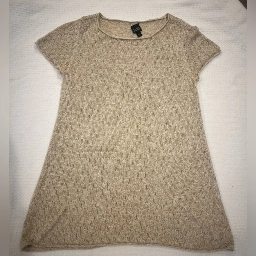 Eileen Fisher 100% Linen Tan Knit Short Sleeve Beach Cover-up Dress Size Large - Image 7