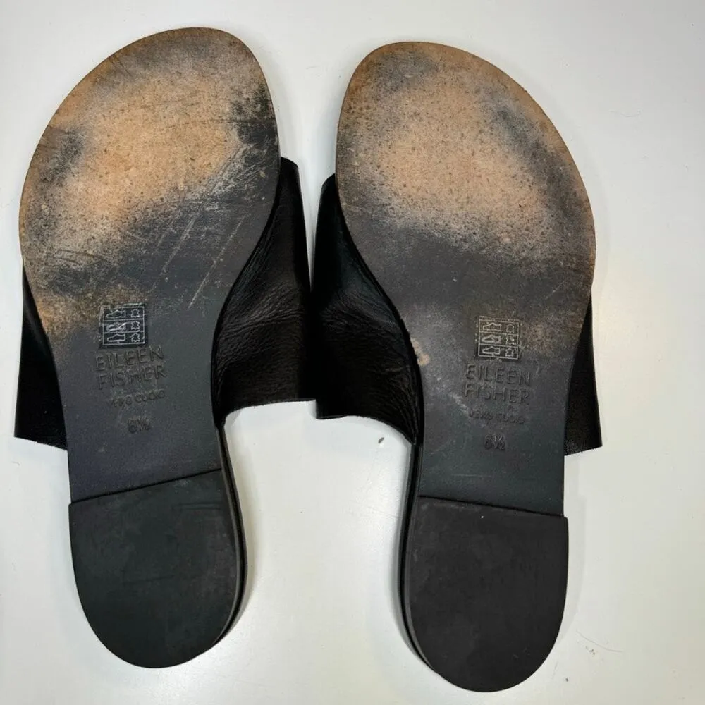 Eileen Fisher Black Leather Toe Ring Slides Sandals 6.5 Vero Cuoio Minimalist - Image 5
