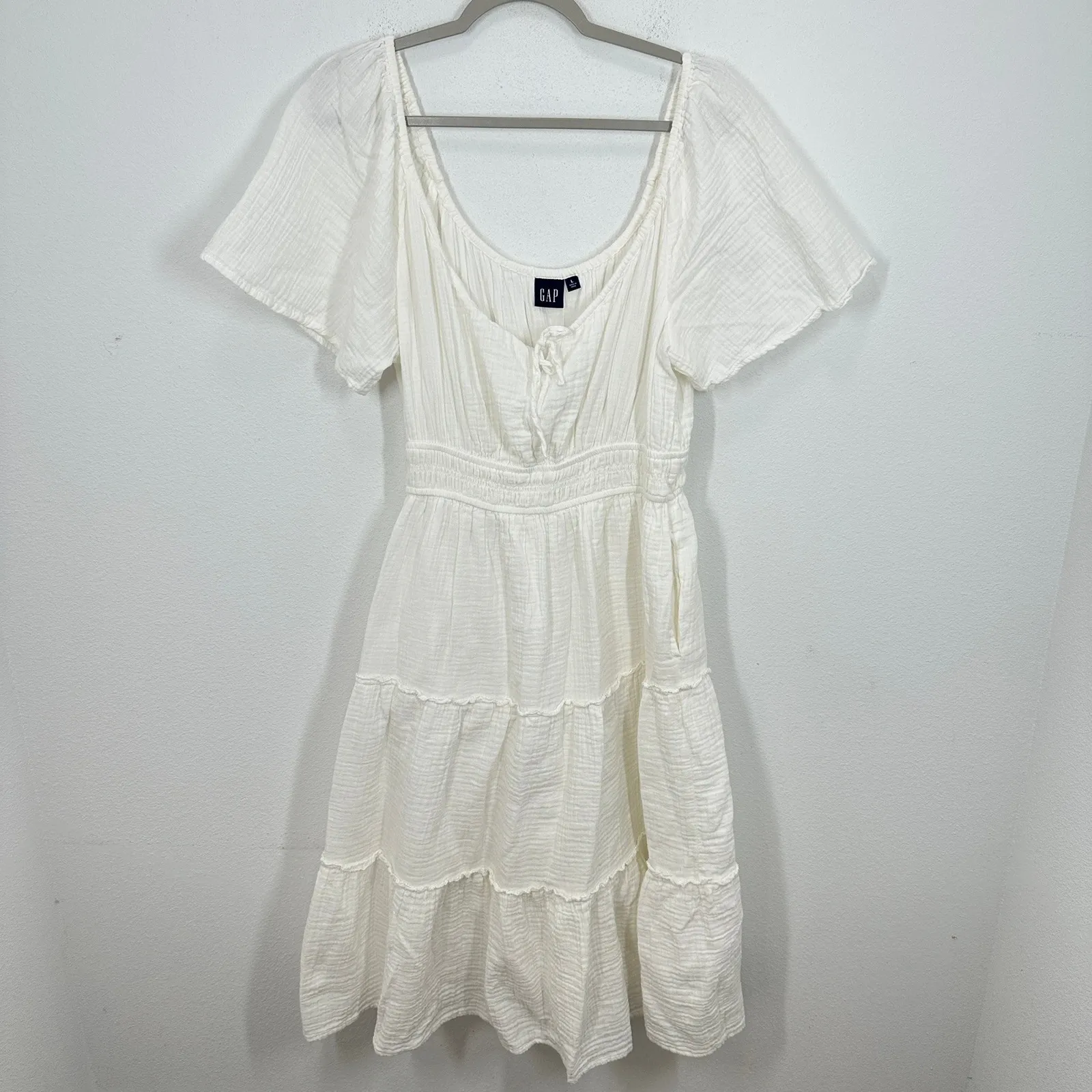 GAP White 100% Cotton Gauze Tiered Smocked Tie Neck Midi Dress Size L Resort - Image 3