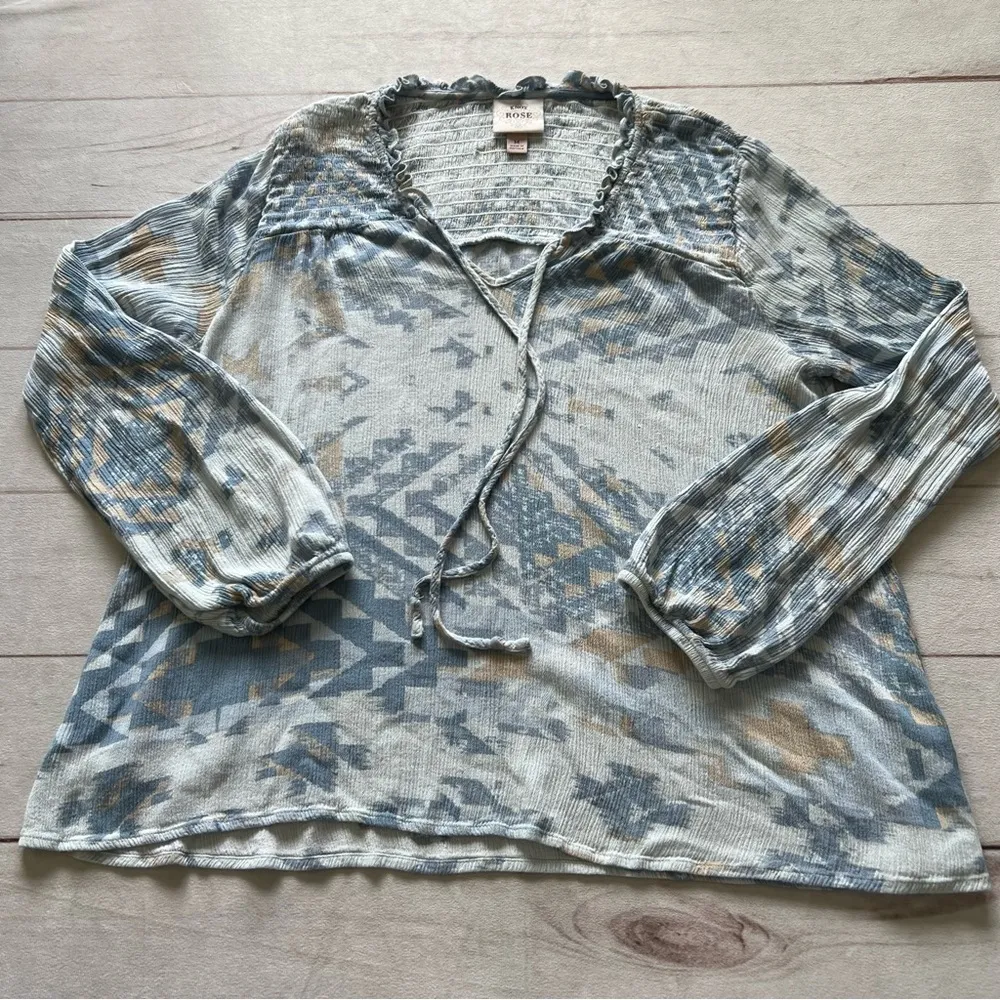 Knox Rose Womens Aztec Boho Western Smocked Tie Neck Sheer Top Light Blu… - Image 13