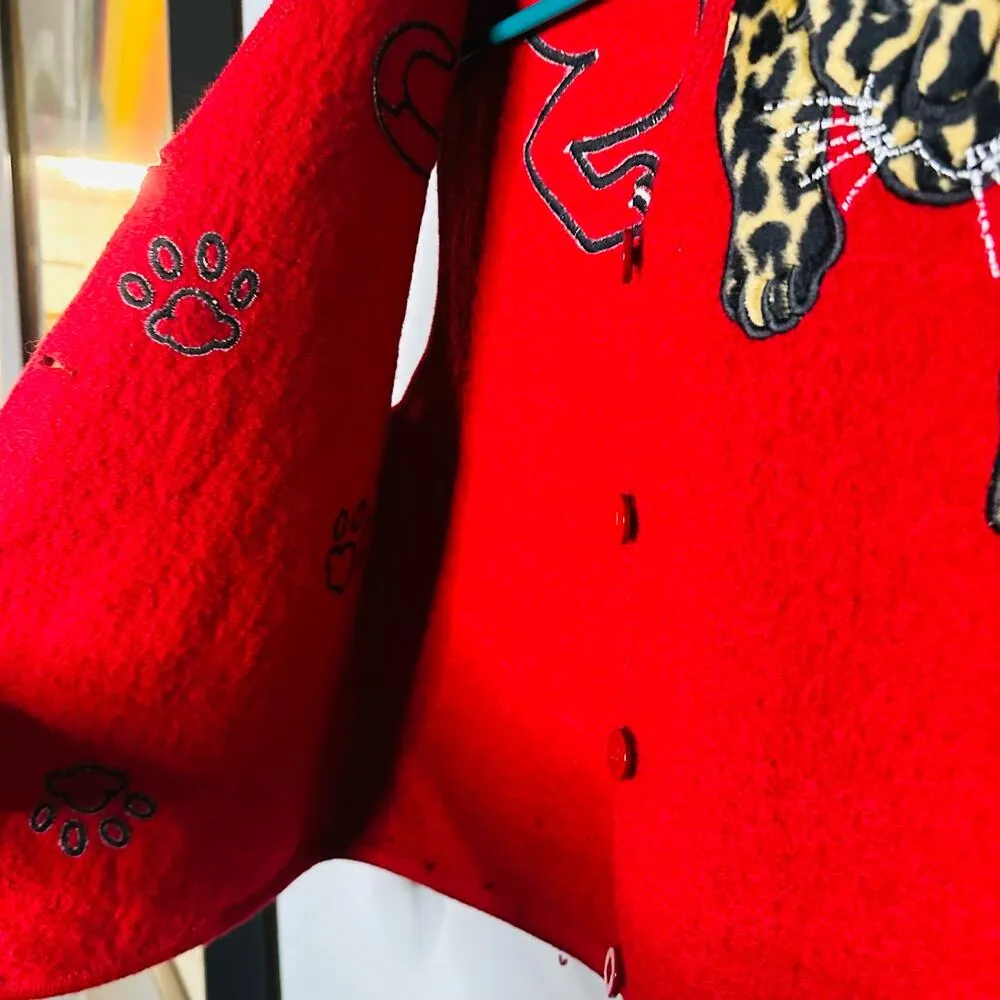 Lisa International 100% Boiled Wool Red Leopard Design Vest Size Petite Small - Image 10