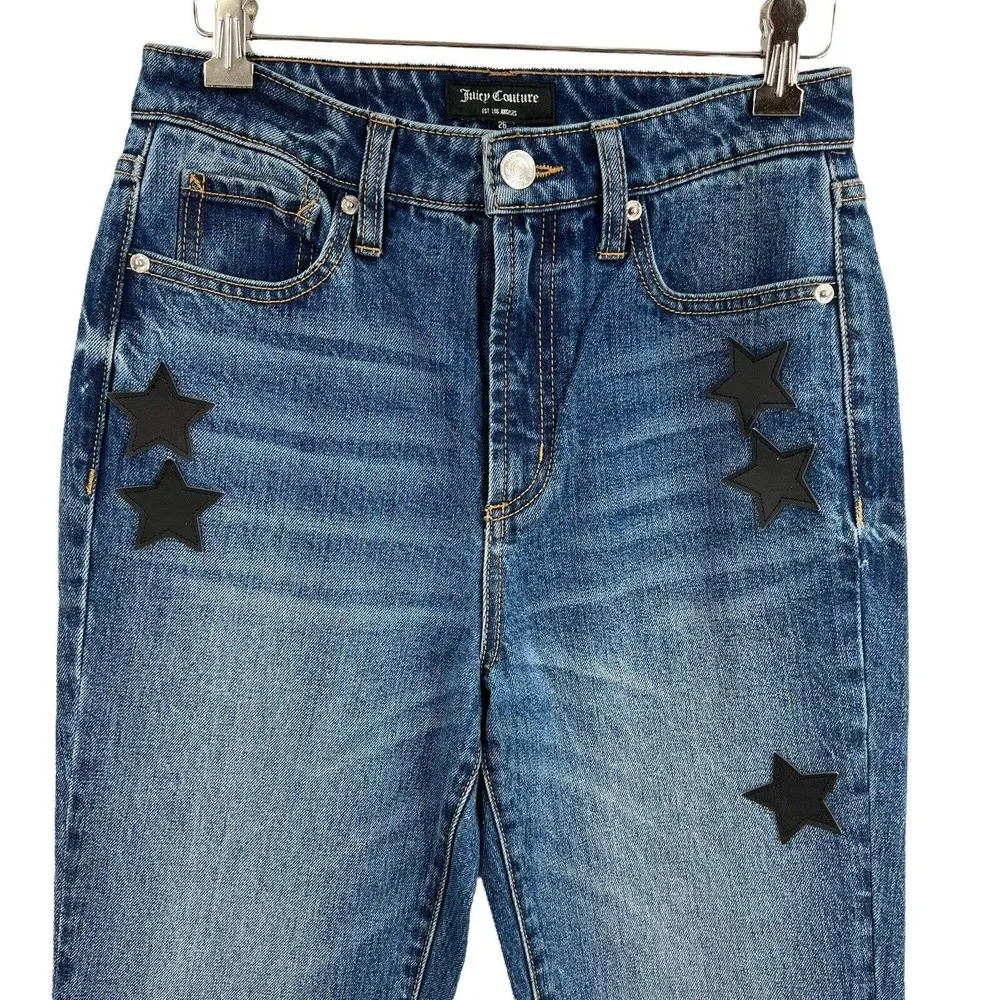 Juicy Couture High Waist Straight Leg Med Wash Black Star Patch Jean Size 26 New - Image 2
