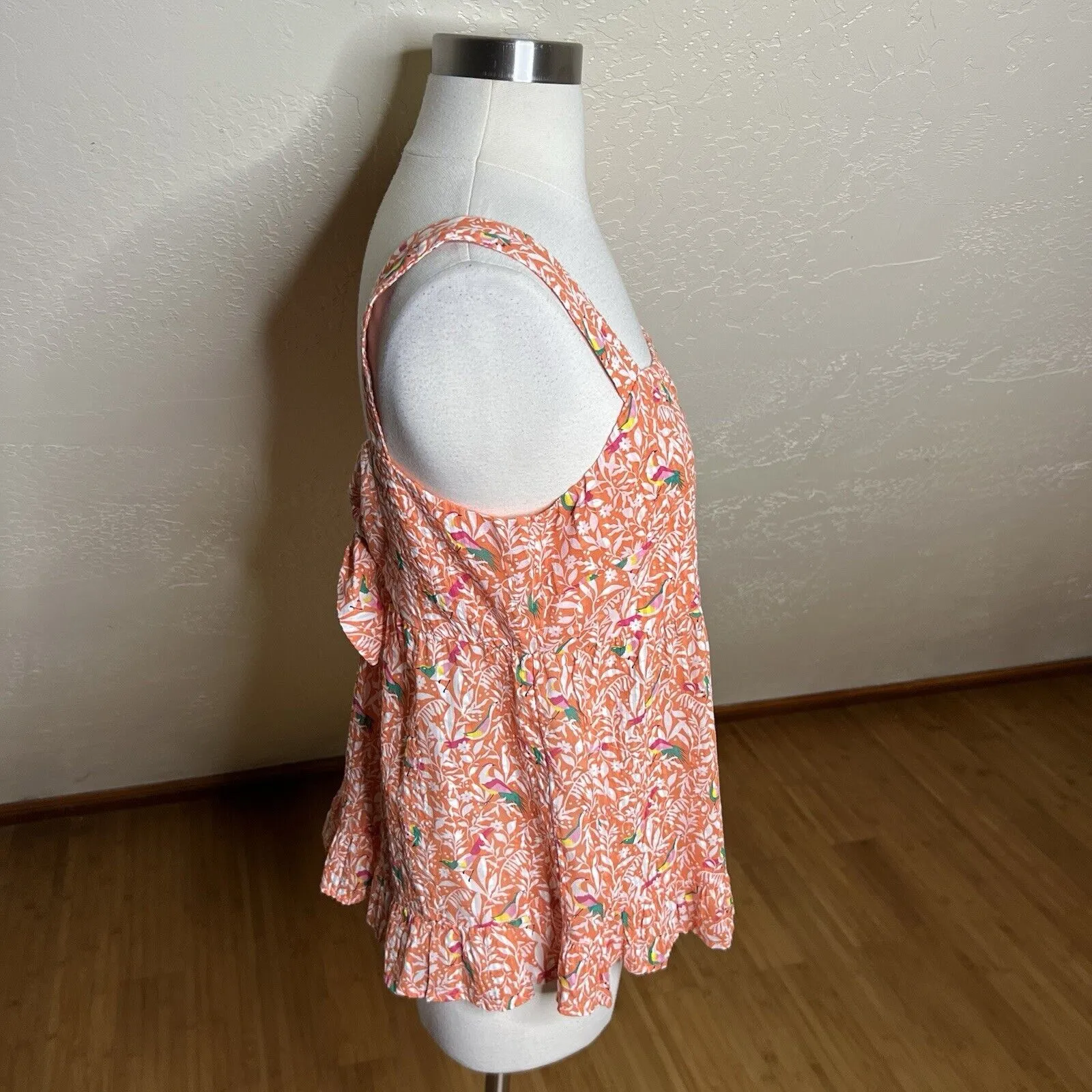 Loft Tank Top Womens 4 Orange Bird Print Tie Back Peplum Cami Square Neck - Image 5