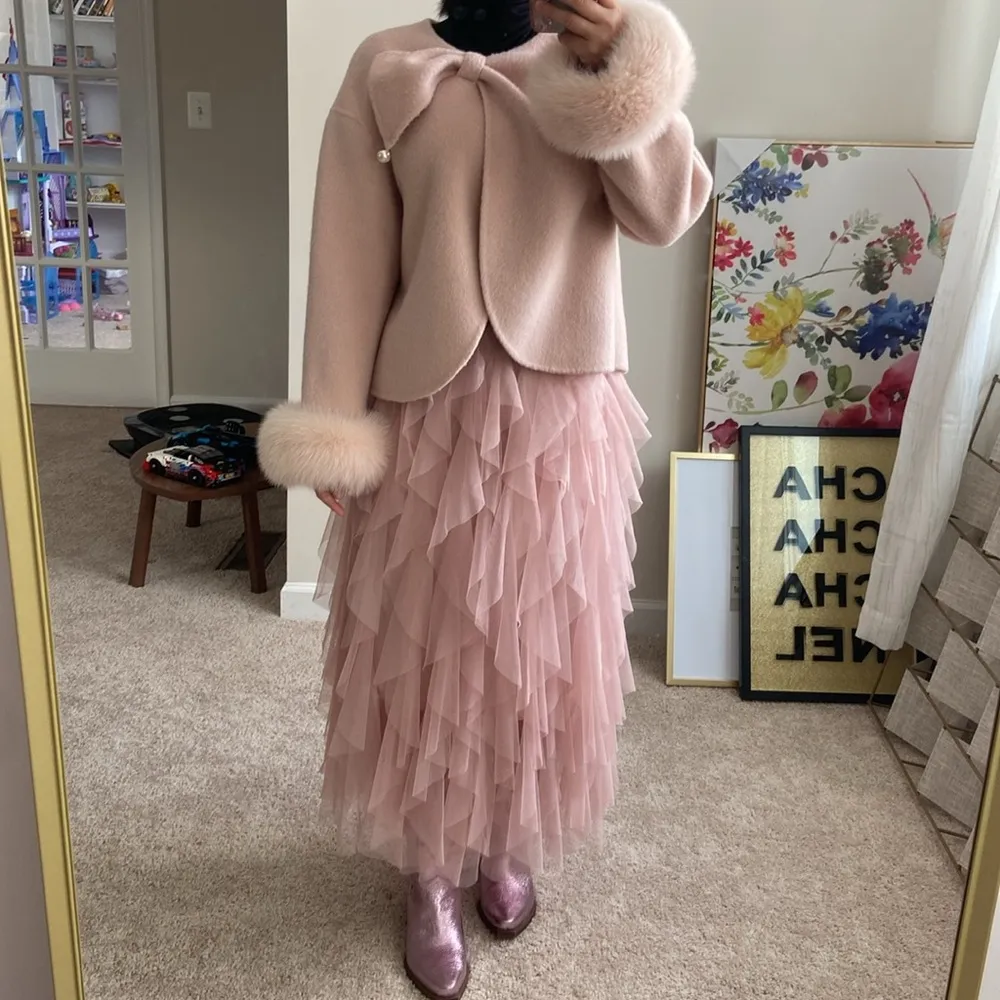 Cashmere +Wool, fox fur short coat. S Pink - Image 13