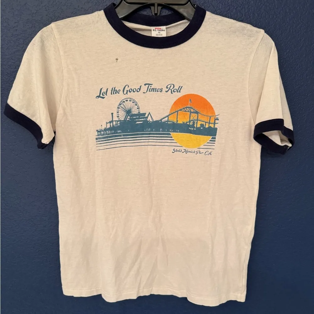 REDONE Let The Good Times Roll Cotton Ringer Women’s White T-Shirt Size XS - Image 5