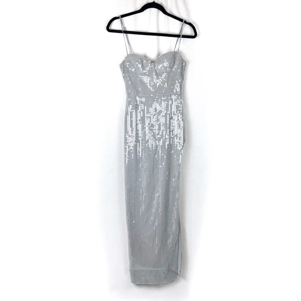 SAU LEE Opal Silver Gray Sequin Gown Bustier Sweetheart Dress US 0 NWT - Image 3