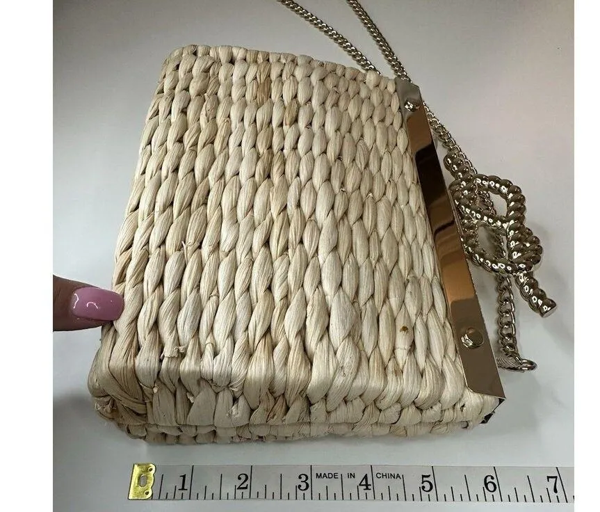 TALBOTS Rattan Wicker Crossbody Clutch Woven Straw Handbag Gold Chain Strap Knot - Image 12