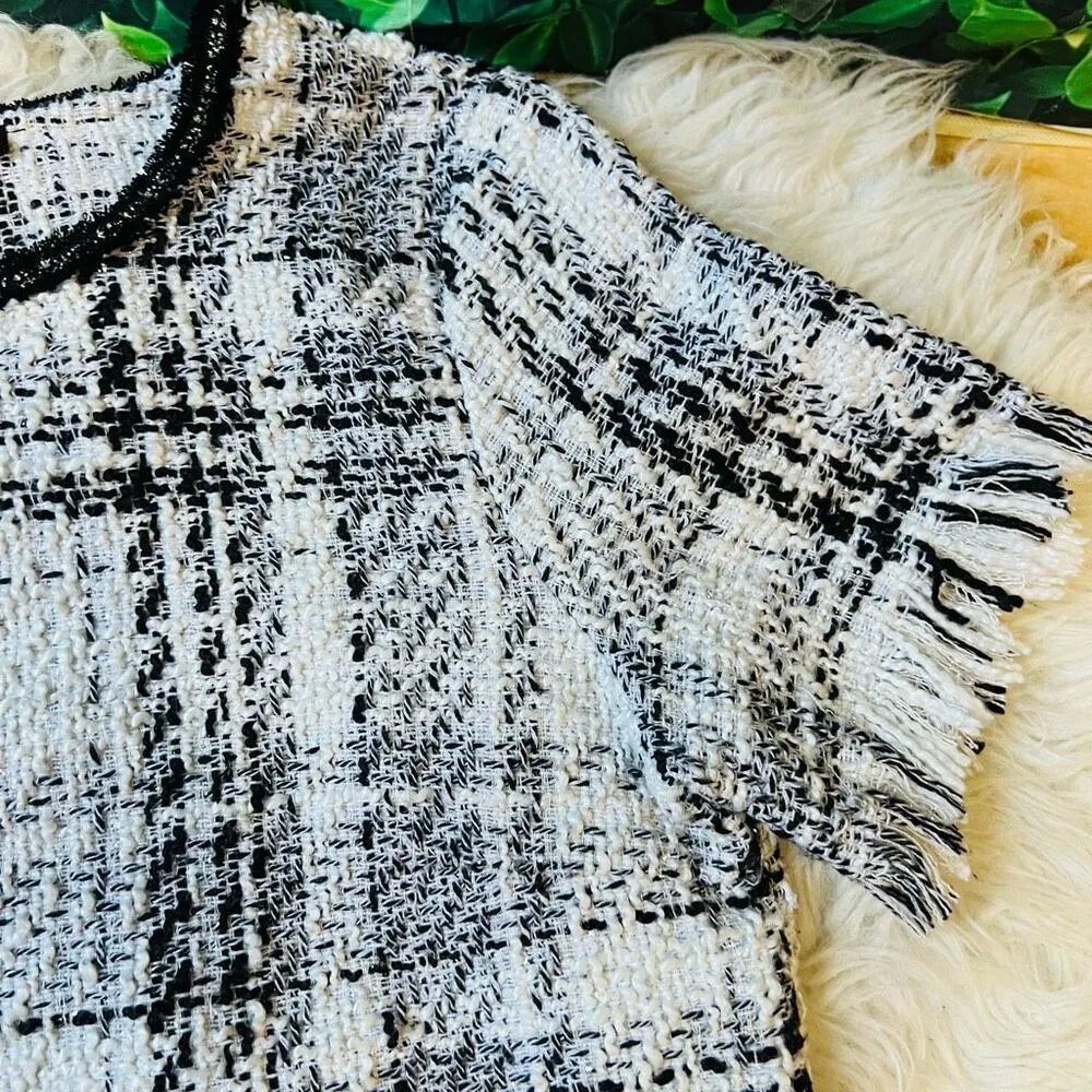 BLACK WHITE AID PATCHWORK STITCH TOP SIZE MEDIUM Raw Hem Sparkly Plaid Top White Size L - Image 4