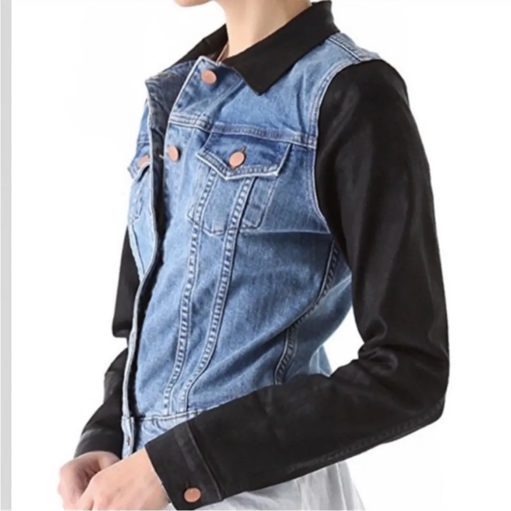 EUC J Brand Bowie Jacket Two Toned Coated Sleeve Denim Blue Black Small - Image 2