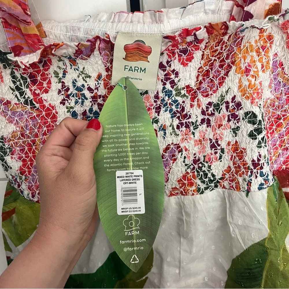 NWT Farm Rio Dress MIXED WHITE PRINTS Layered Dress Off White smocked tie strap - Image 3