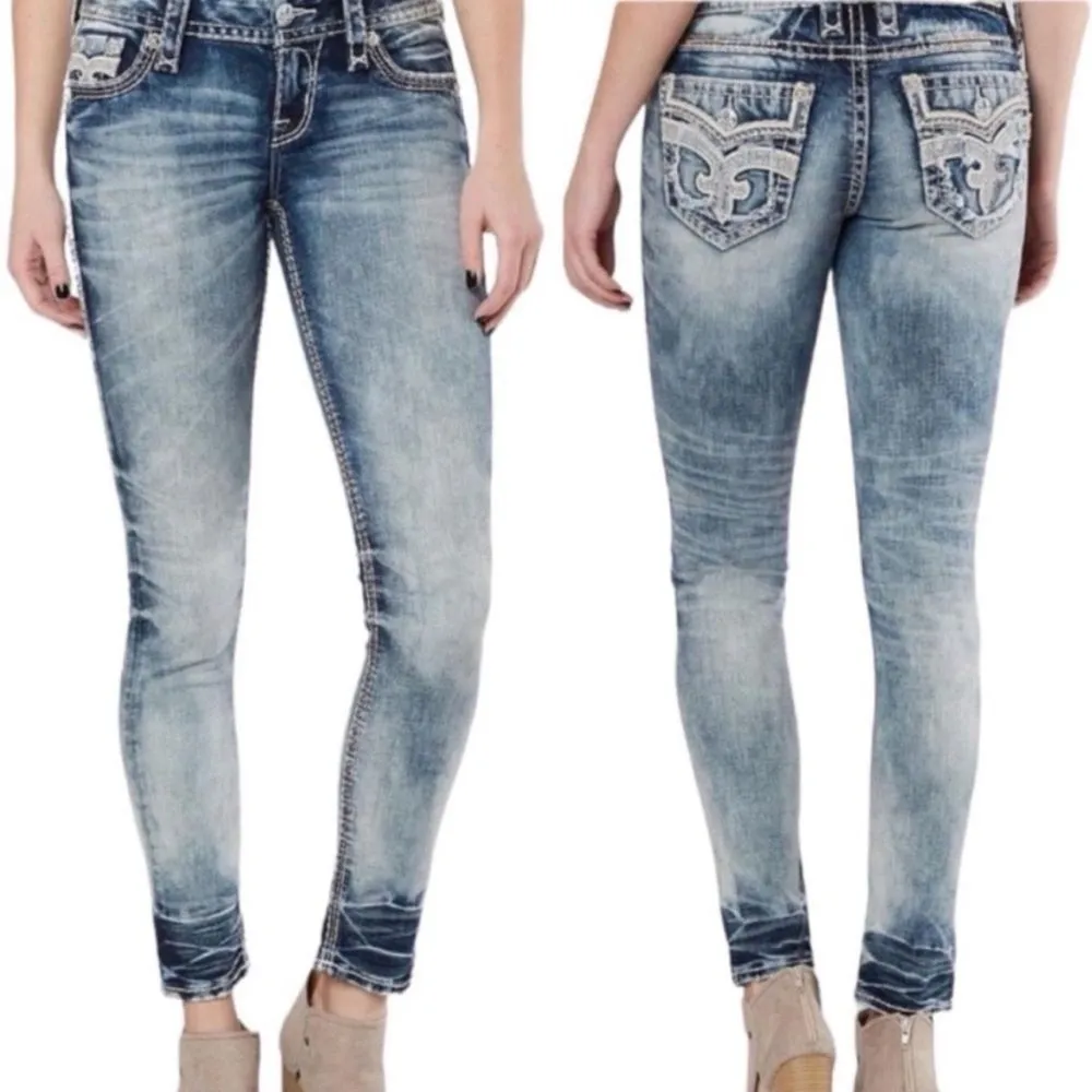 ROCK REVIVAL Jeans Sakai Ankle Skinny Rhinestones Stitching Distressed Size 27 - Image 4