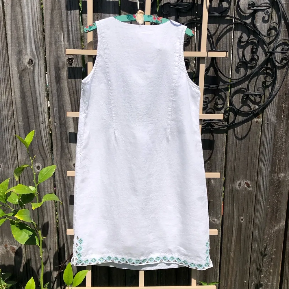 J. Jill White 100% Linen Floral Turquoise Embroidery Sleeveless Dress - M - Image 10