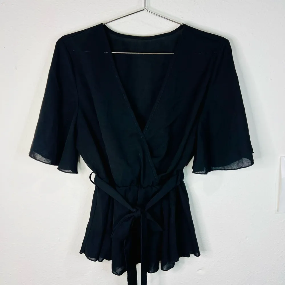 Chic Black Wrap Top with Belted Waist Boho Casual Flowy V - Image 2