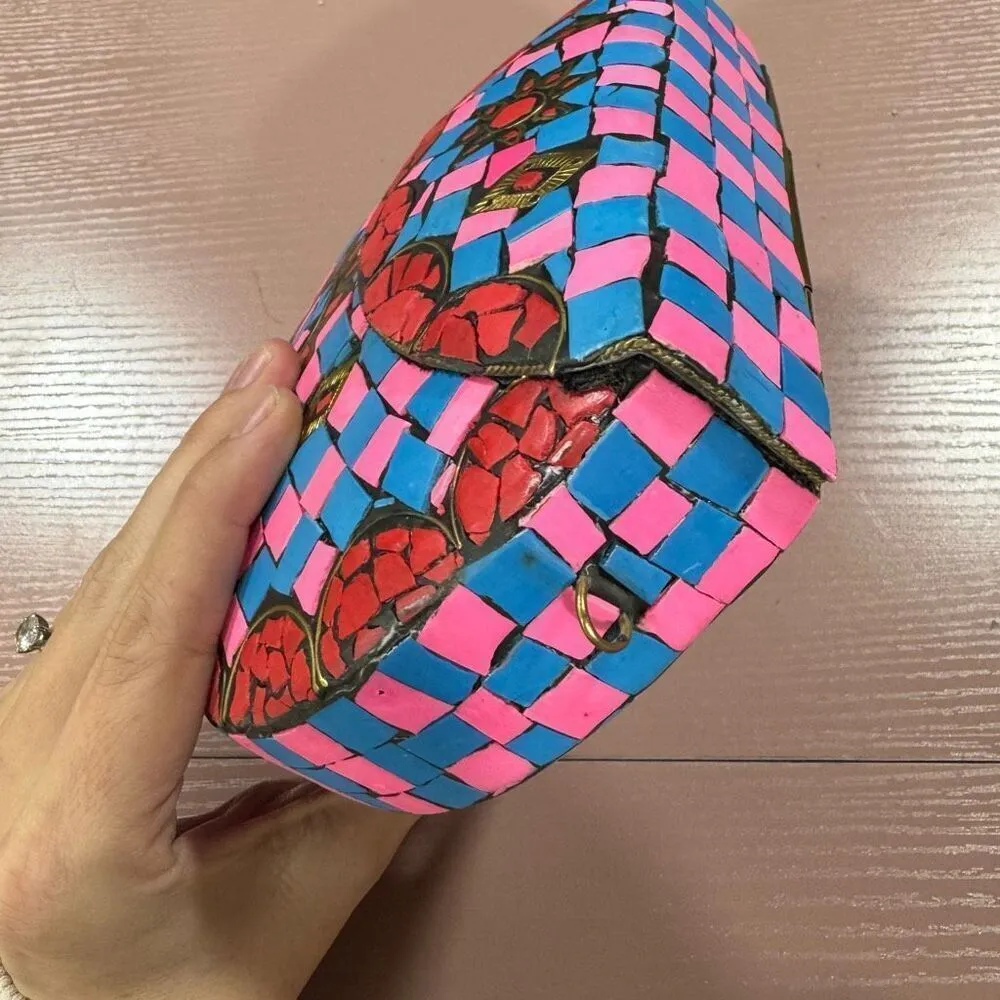 NEW Ramla Mosaic Handmade Bag Pink & Blue with Detachable Chain Strap Red - Image 3