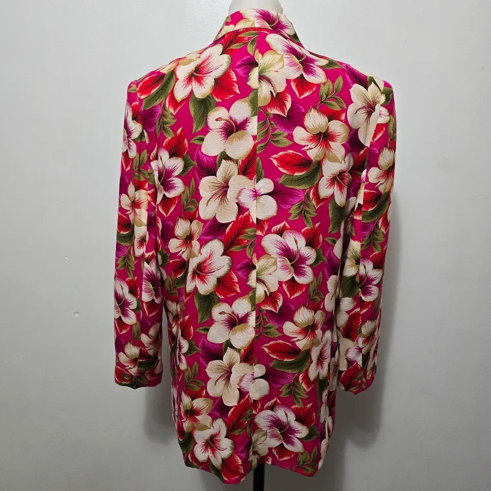 Vintage Leslie Faye Fuchsia Hibiscus Floral Longline Blazer Size 16P Pink - Image 5