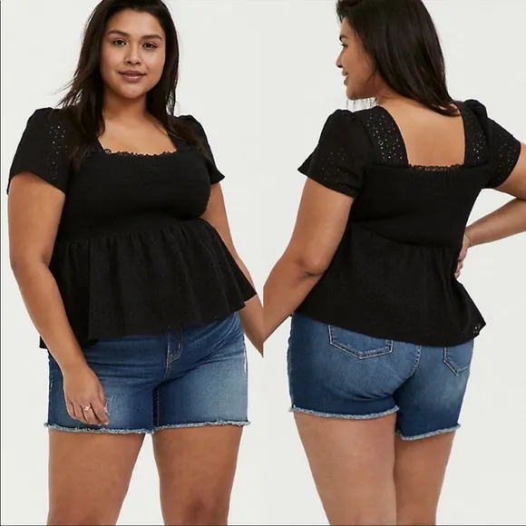 Torrid Sz 3X Black Square Neck Smocked Eyelet Peplum Top Short Sleeve - Image 2