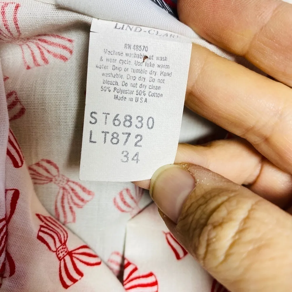 ⭐️Vintage 70s LIND CLARE Button Up Kitchen Smock Shirt with Striped Bow Detail White Size 4 - Image 4