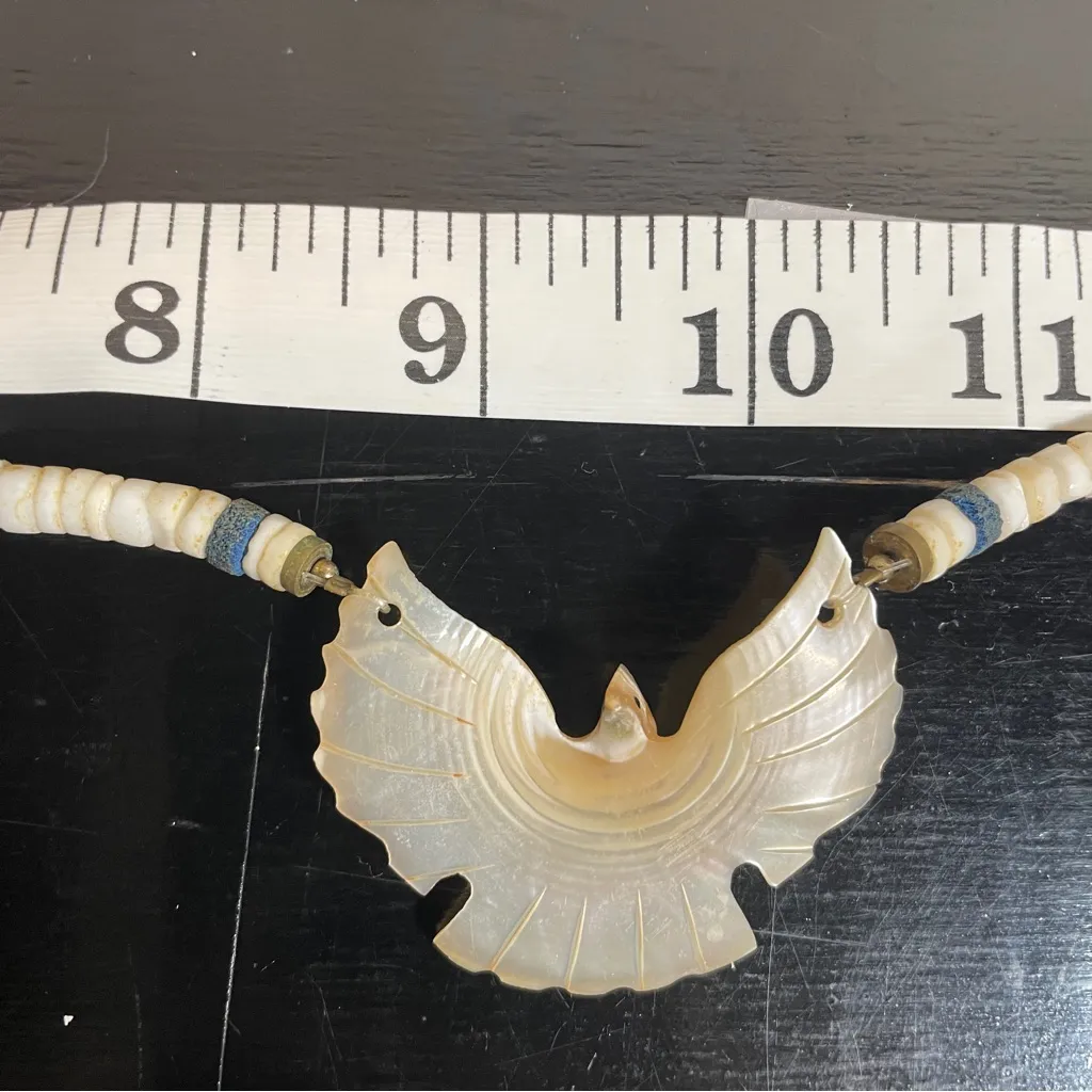 Vintage Southwestern Carved MOP Thunderbird Necklace Stone Heishi Bead Fetish White - Image 9