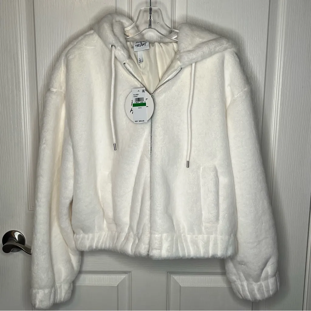 Planet Heart Soft White Faux Fur Fuzzy Hooded Jacket Sz L Zip Up Size L - Image 8