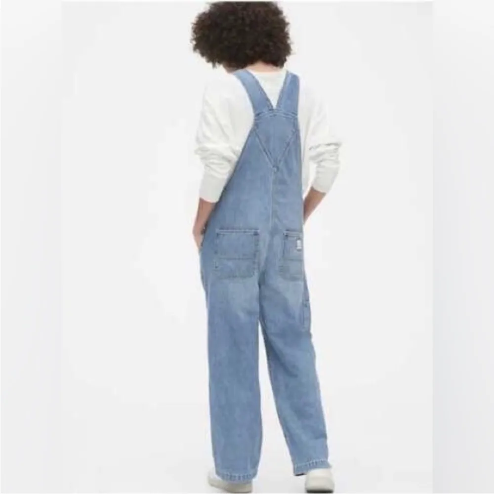 Gap Denim overalls wide leg light indigo cargo style size small - Image 2