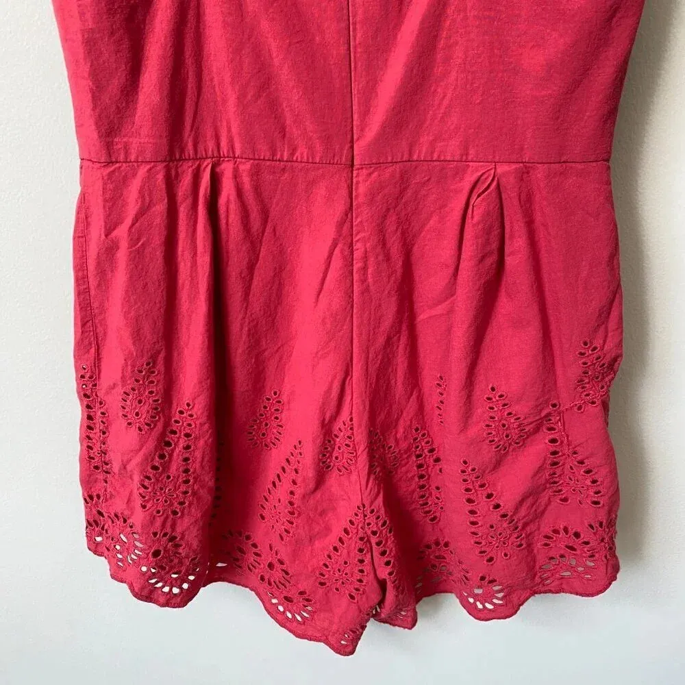 Blue Rain Women's Medium Sleeveless High Neck Boho Eyelet Scalloped Red Romper - Image 14