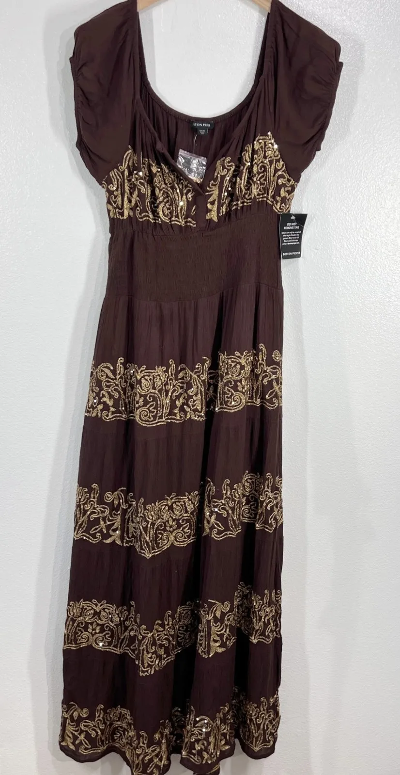 Boston Proper Maxi Dress Gold Embroidered Tiered Smocked Empire Waist Medium - Image 1