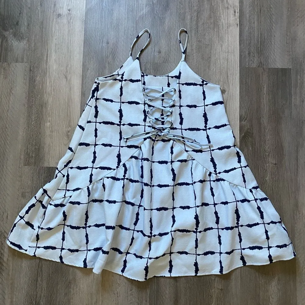 J.O.A Babydoll Ruffle Dress Corset Lace Up Back Medium Blue - Image 7