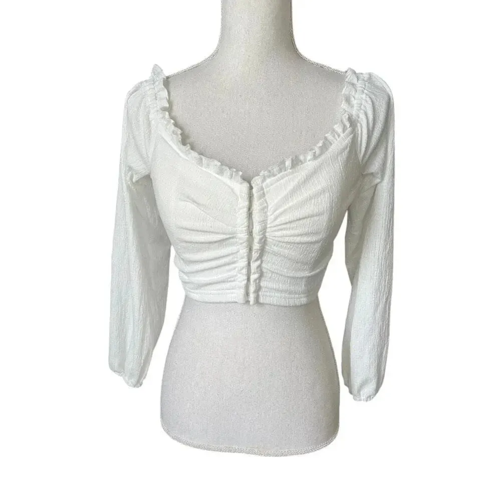 Paper moon white cropped smocked long sleeve blouse - Image 2