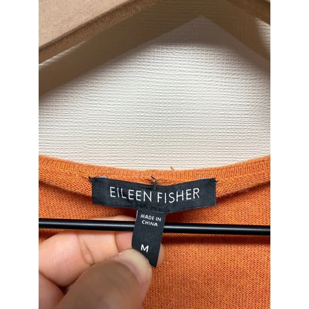 Eileen Fisher Tunic Sweater M Cashmere Cotton Deep V-Neck Hooded Orange Pullover - Image 3