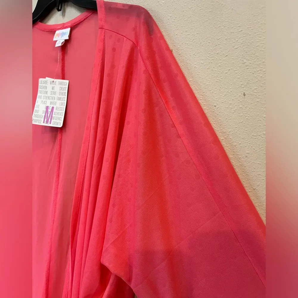 LuLaRoe  Women’s Lindsay Coral Pink Polka Dot Sheer Chiffon Kimono Cardigan M - Image 5