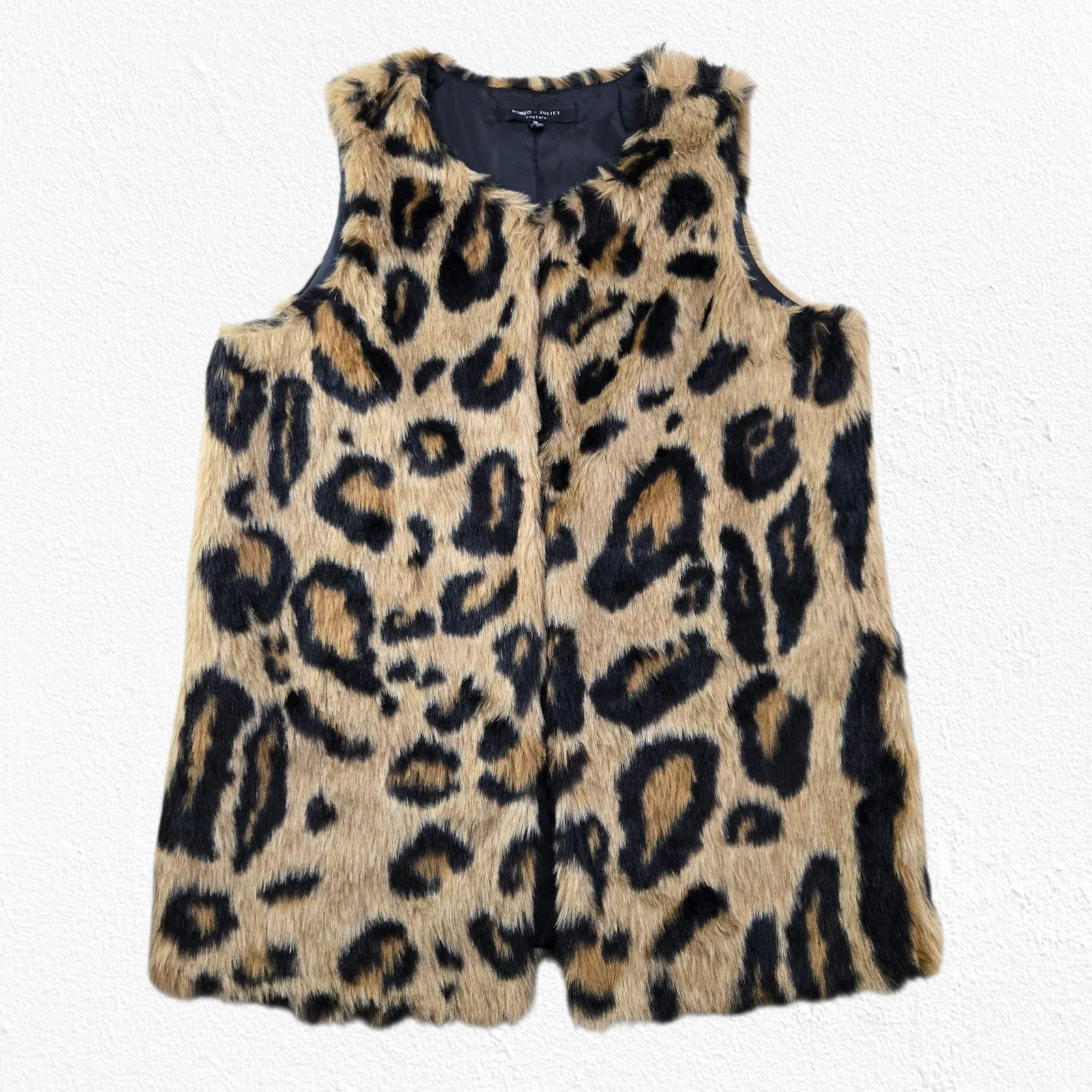 Romeo Juliet Couture Faux Fur Leopard Animal Print Vest with Pockets Size Small - Image 2