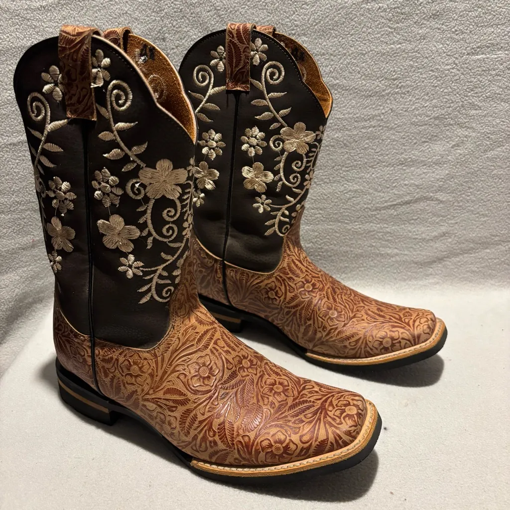 Unbranded Embroidered Square Toe Western Cowboy Boots Ladies 4.5 Brown Size undefined - Image 4