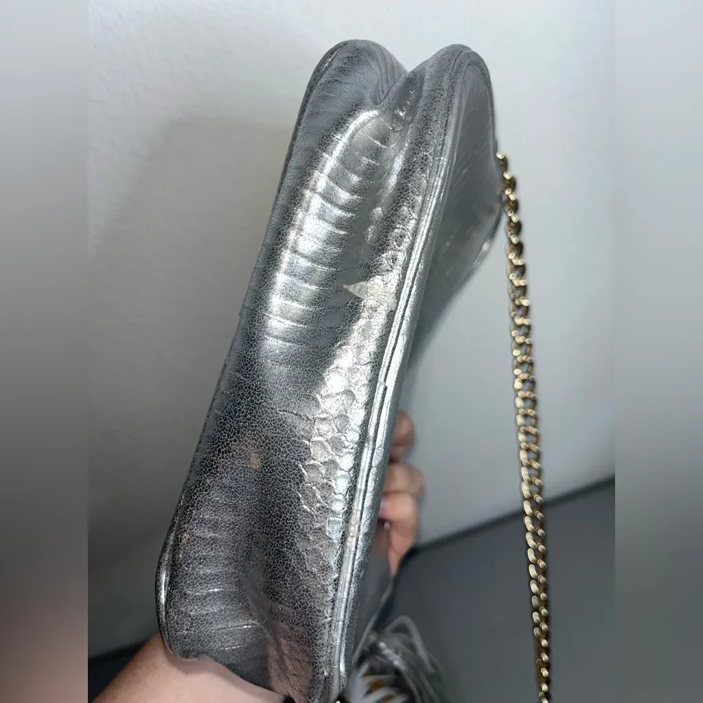 Victoria’s Secret Silver Metallic Snakeskin Embossed Chain Crossbody Bag Fringe - Image 6