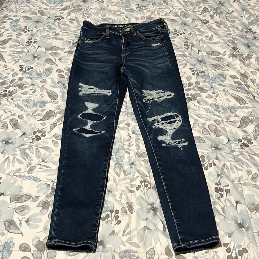 American Eagle Next Level Stretch Dark Wash Distressed Patched Jeans 4 S… - Image 12