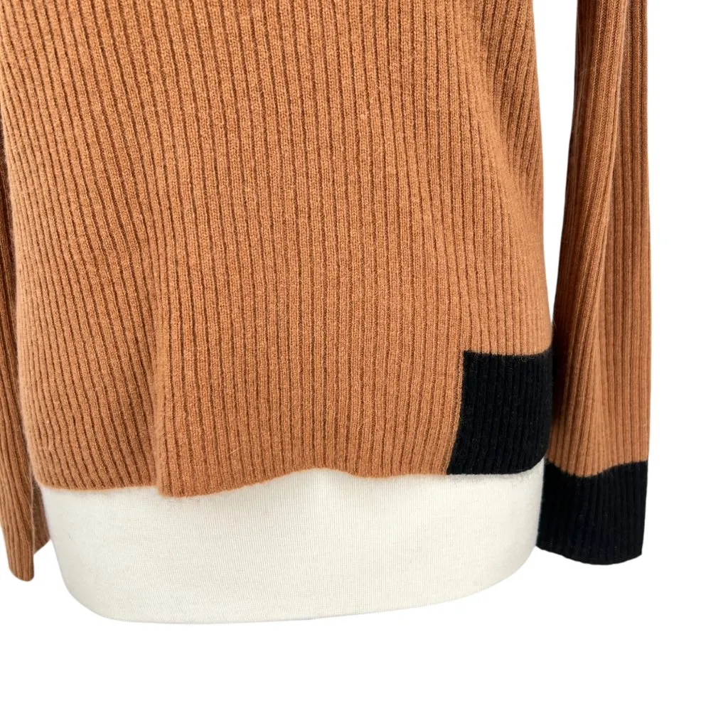Elie Tahari 100% Cashmere Ribbed Crewneck Sweater Camel Brown Black Size Large - Image 4