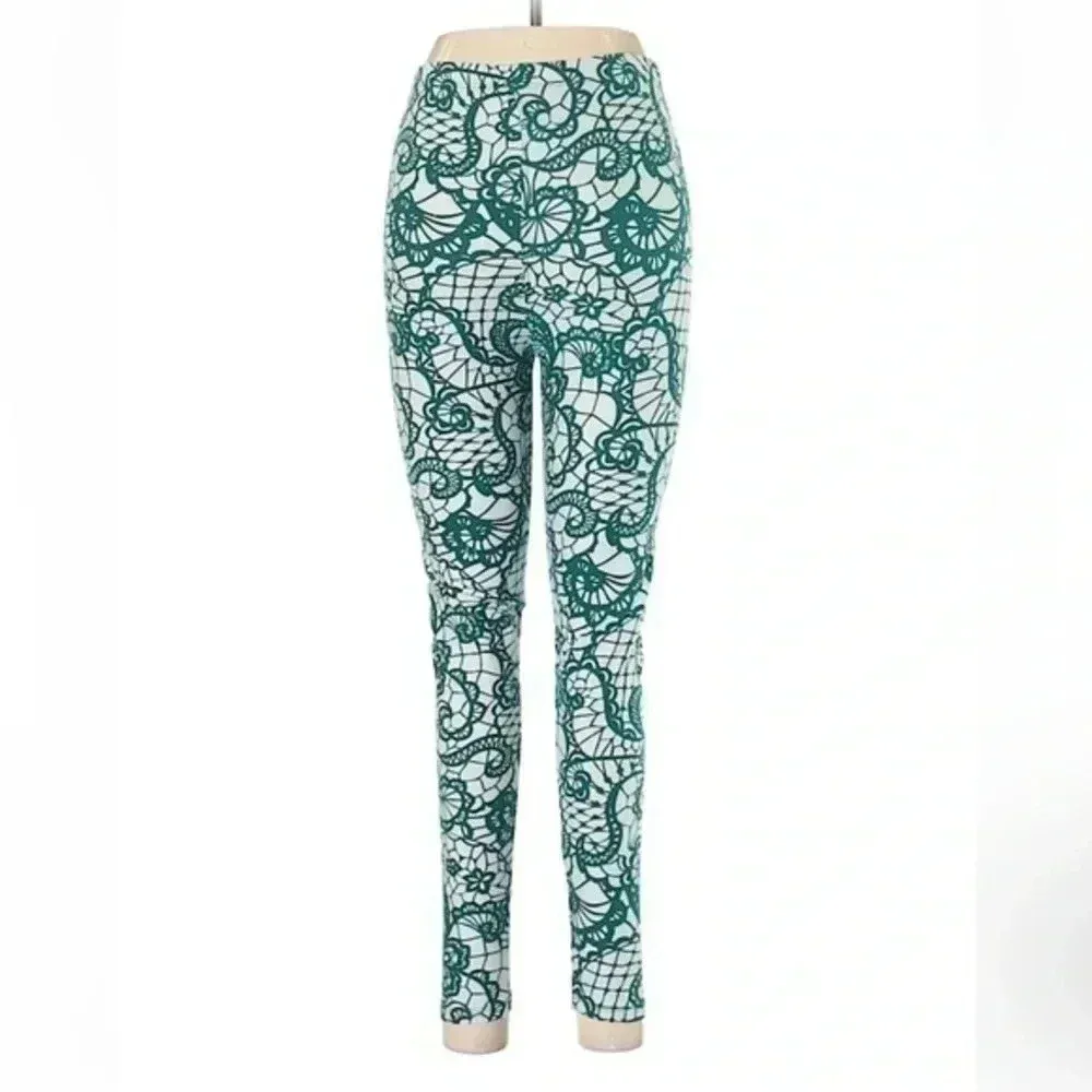 LuLaRoe | Vintage Green Lace Print OS One Size Leggings Fits Sizes 0-10 - Image 2