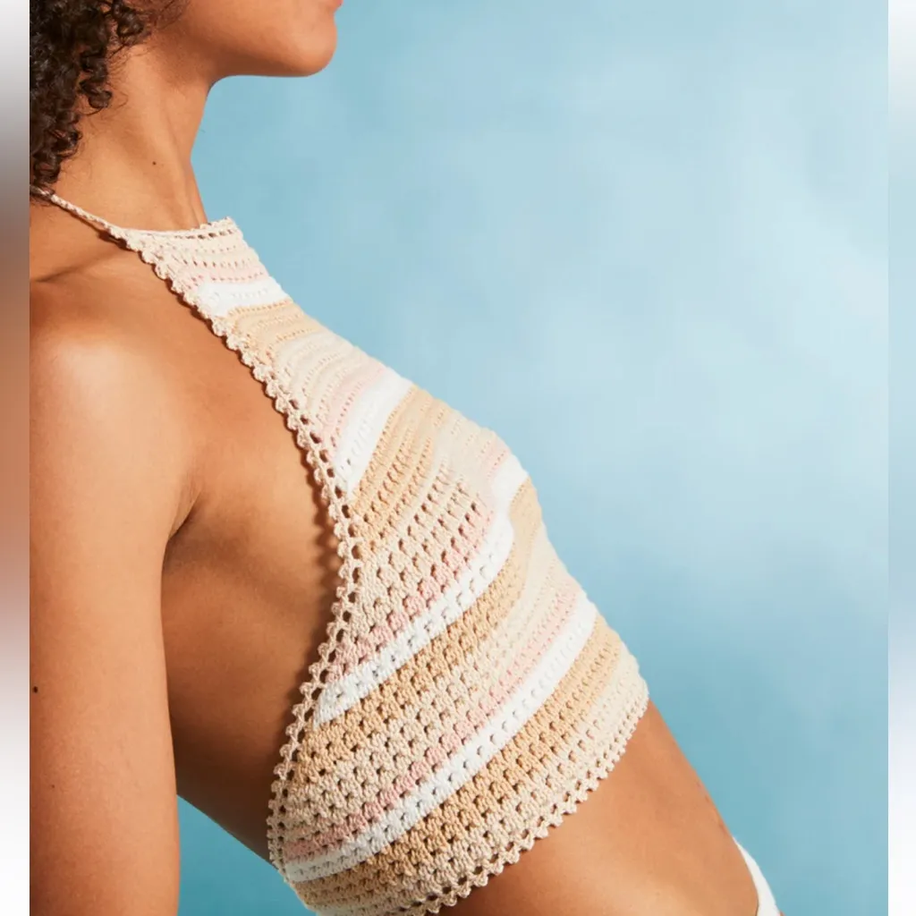 Roxy Daydreamer Crop Crochet Knit Halter Top Tapioca Stripe S - Image 2