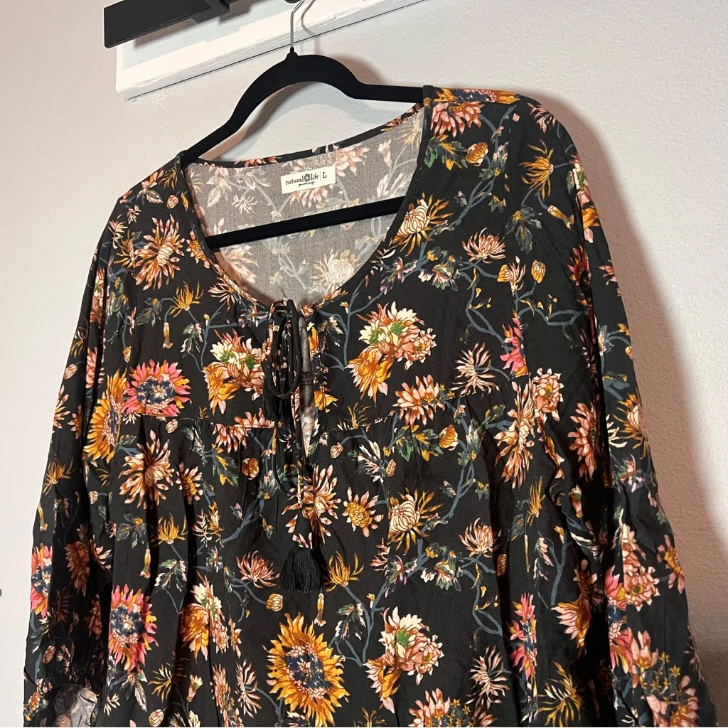 Natural Life Maribel Peasant Top Blouse Black Floral 3/4 Sleeves Size Large Boho - Image 2