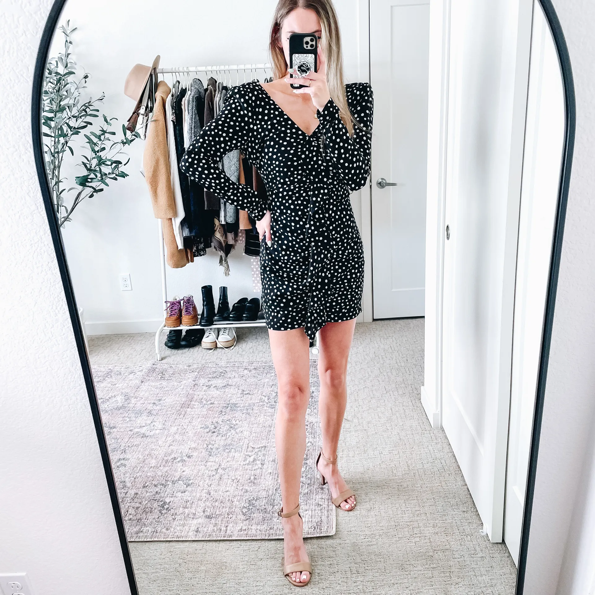 Corinne Black & White Polka Dot Long Sleeve Ruffle Mini Dress - Image 3