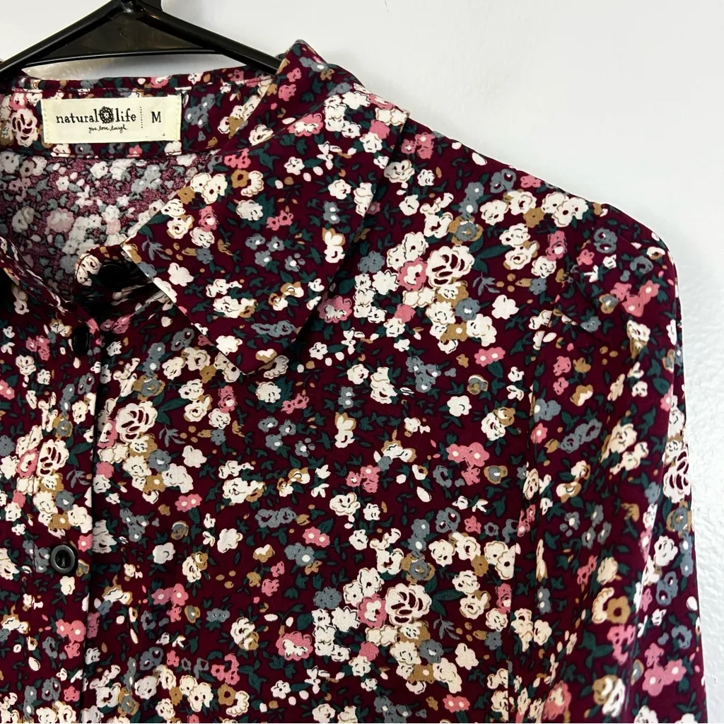 Natural Life Twiggy Burgundy Floral Button Up Mini Shirt Dress Size Medium - Image 6