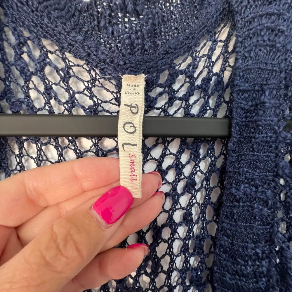 POL Duster Cardigan Cover Up Navy Blue Crochet Tie Waist Boho Indie Coastal Sz S - Image 3