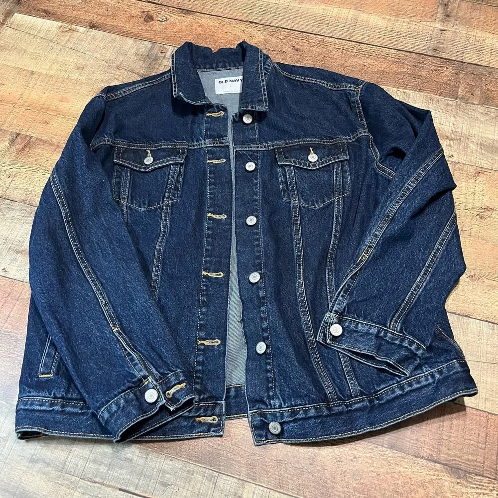 Old Navy | Classic 100% Cotton Women's Dark Wash Denim Trucker Jacket Sz L - Image 5