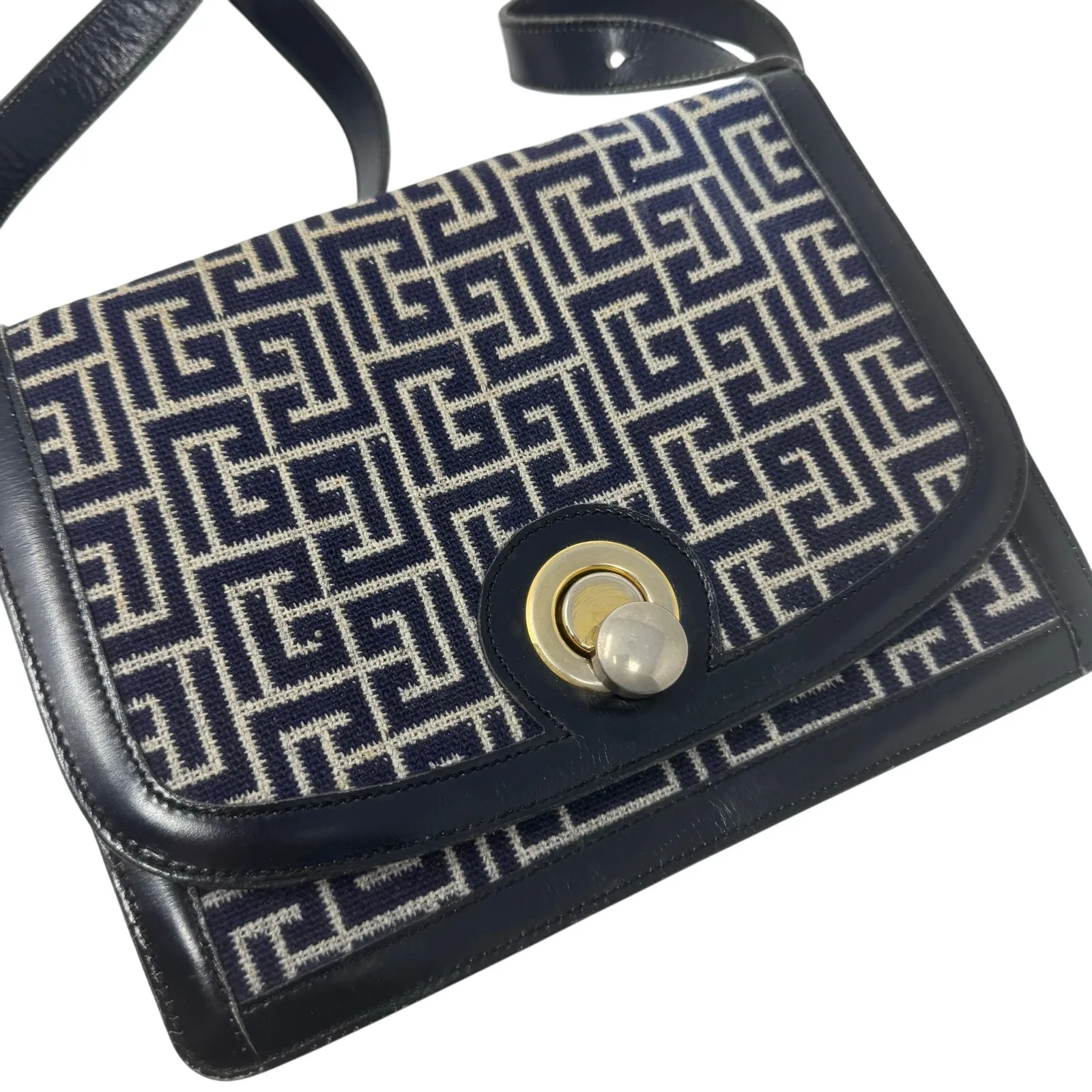 Balmain Vintage Monogram Canvas & Leather Crossbody Bag Navy Gold Hardware - Image 5