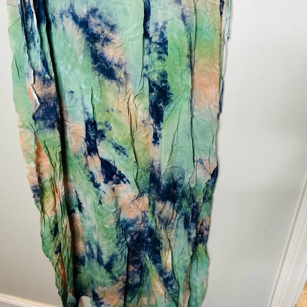 LOUNA Blue & Green Tie Dye Circle Cut Outs Mid Waist Mid Slit Maxi Dress size XL - Image 7