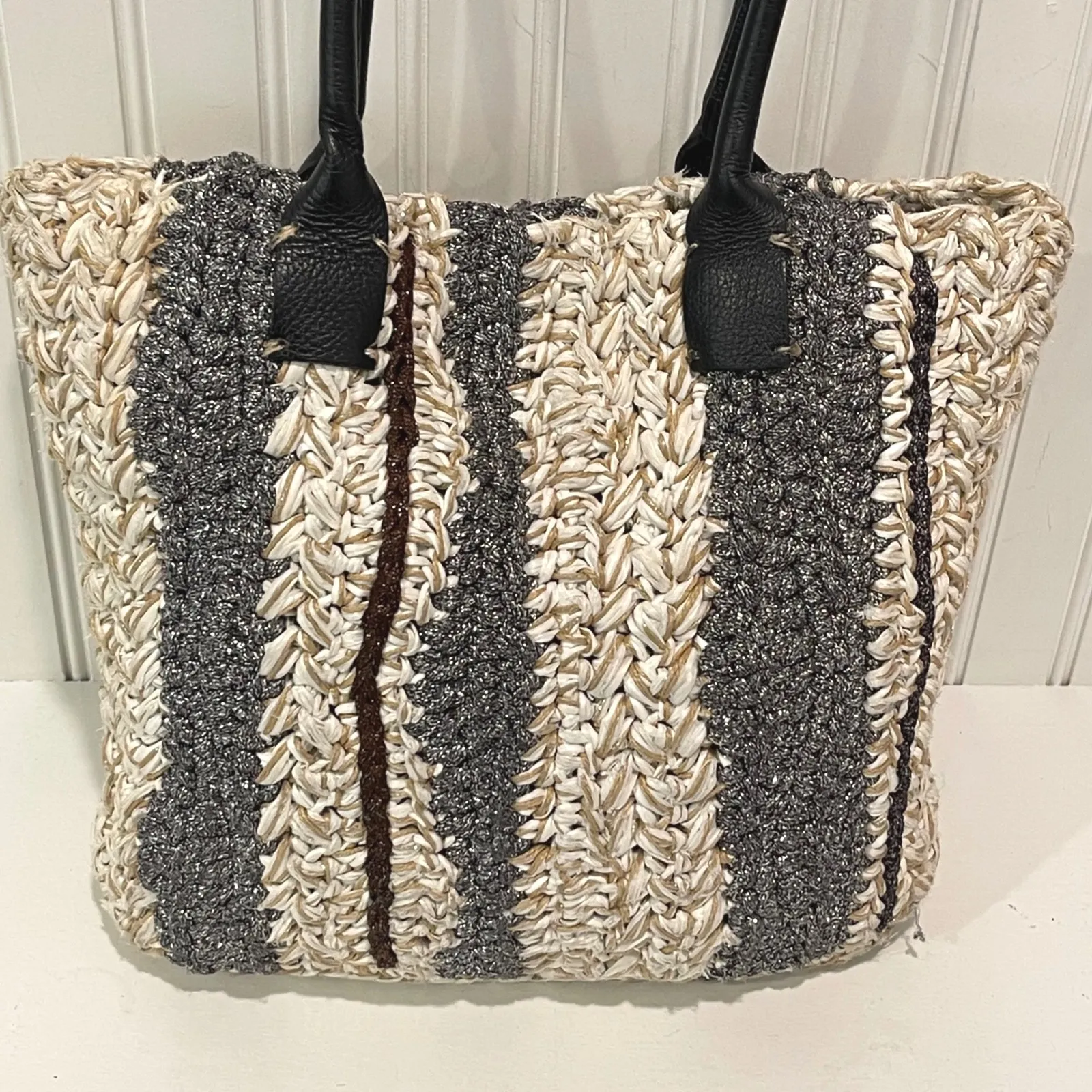 Lorenza Gandaglia Tote Parigigi Handmade Straw Bag‎ Striped Beach Shoulder Bag Tan - Image 2