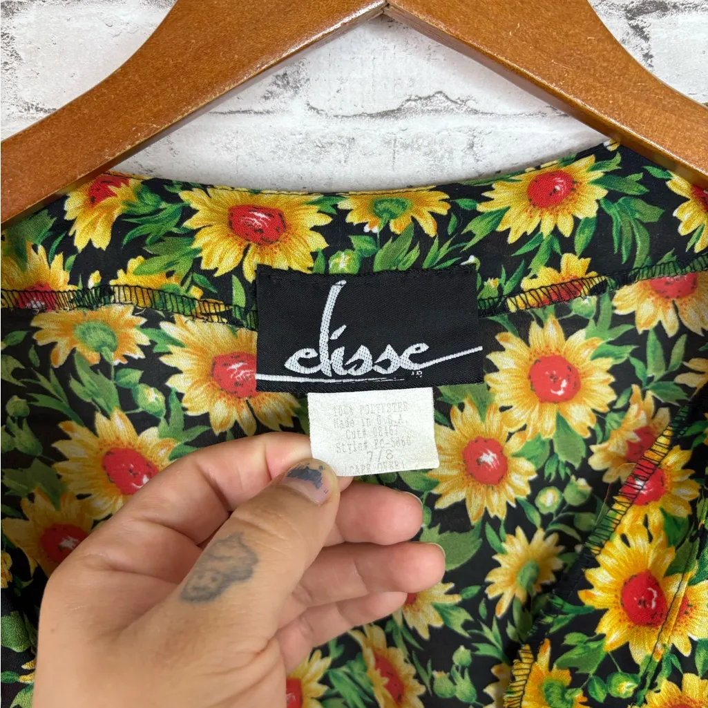 Vintage 90’s Sunflower Print Button Down Maxi Dress Black Size 8 - Image 5