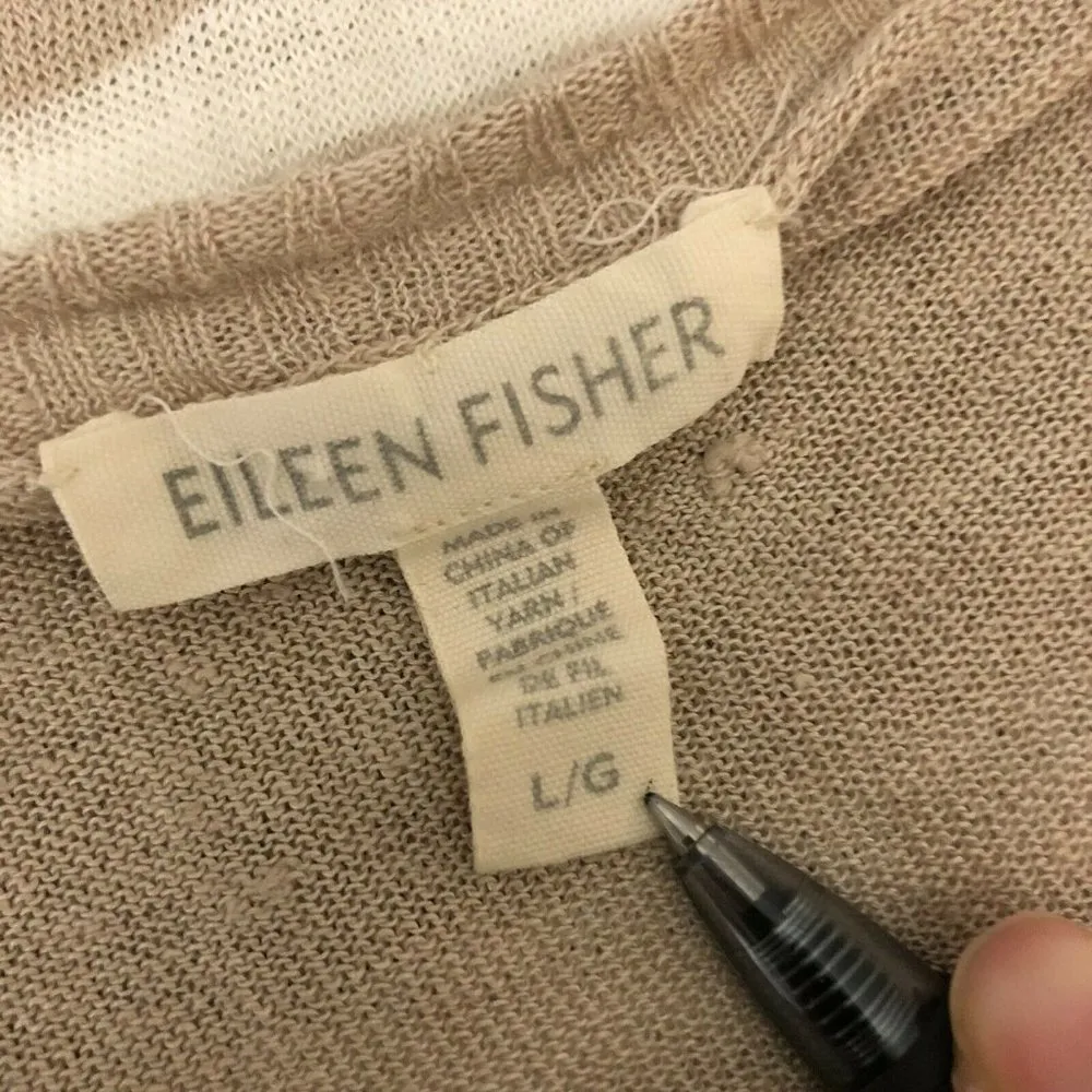 Eileen Fisher Womens Sweater Linen Blend Thin Knit Sheer Striped Beige White L - Image 3