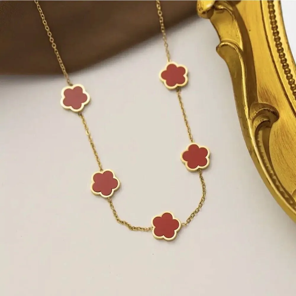 18k Gold Plated RED Clover Necklace SET flower Stainless Steel womens jewelry - Image 11