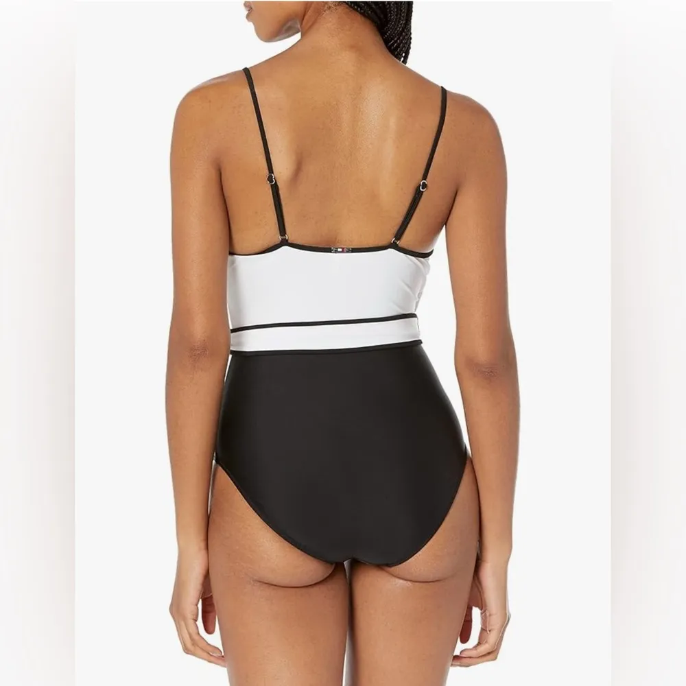 Tommy Hilfiger Colorblock Tie Front One Piece Swimsuit Black/White Size 14 NWT - Image 4